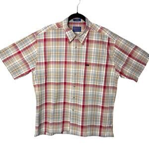 Pendleton Mens Button Up Shirt Plaid Short Sleeve 100% Cotton Size L Cabincore